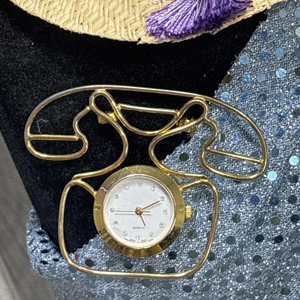 Vintage Telephone Watch Brooch Pin Phone Clock Rhinestones Quartz Japan Movt